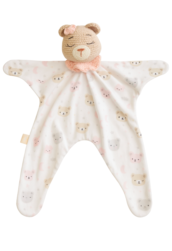 Baby comfort blanket with teddy bear design on a white background