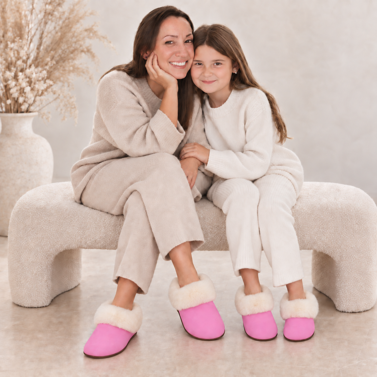 Woman and girl wearing pink slippers together