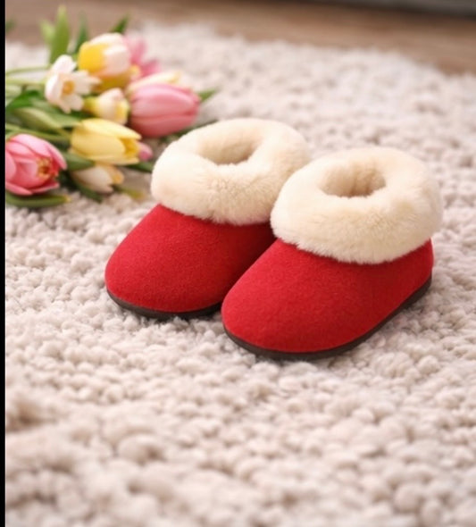 Alpaca Fur Baby and Kids Booties Slippers in Crimson Berry