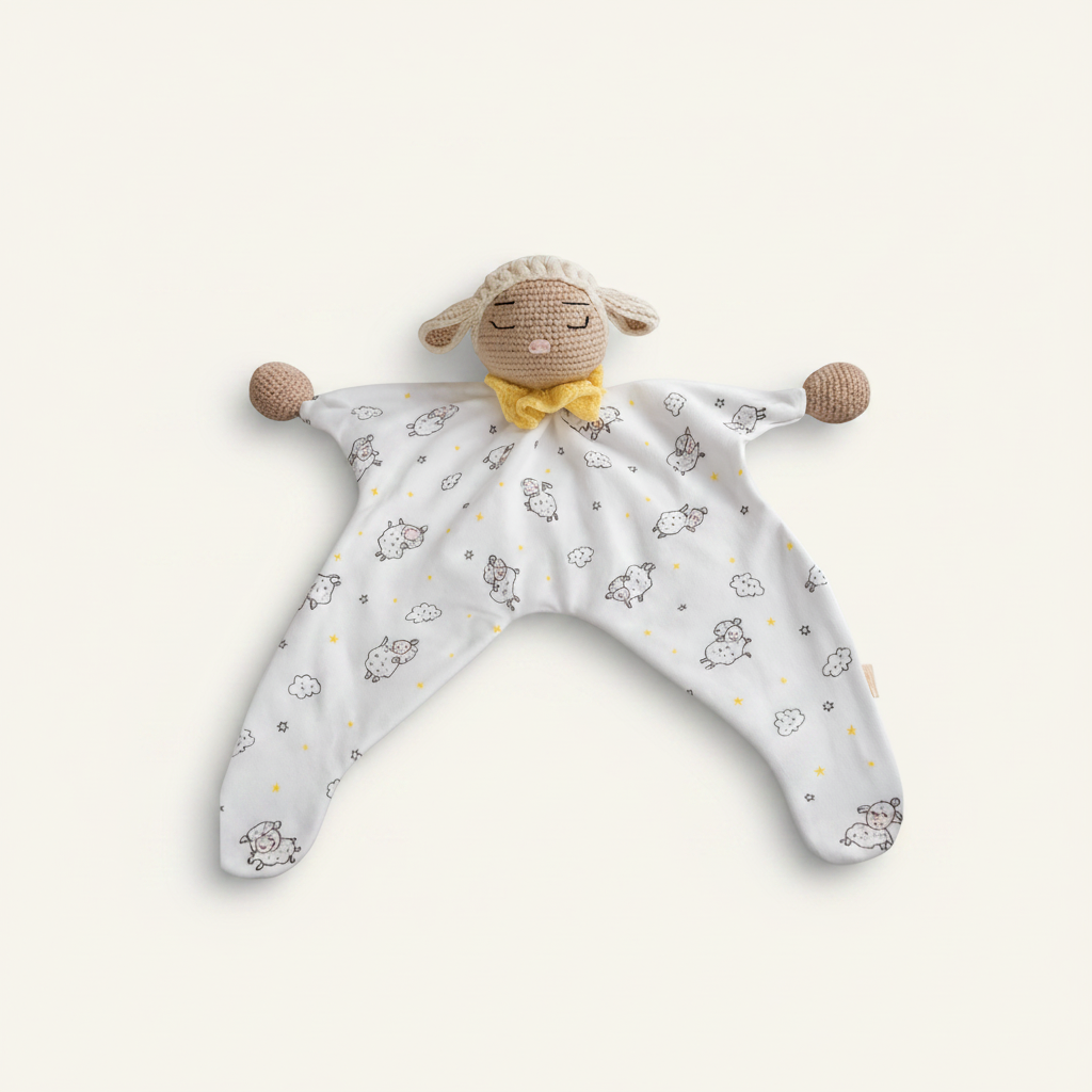 Baby comfort blanket with sheep pattern and knitted sheep head on a white background