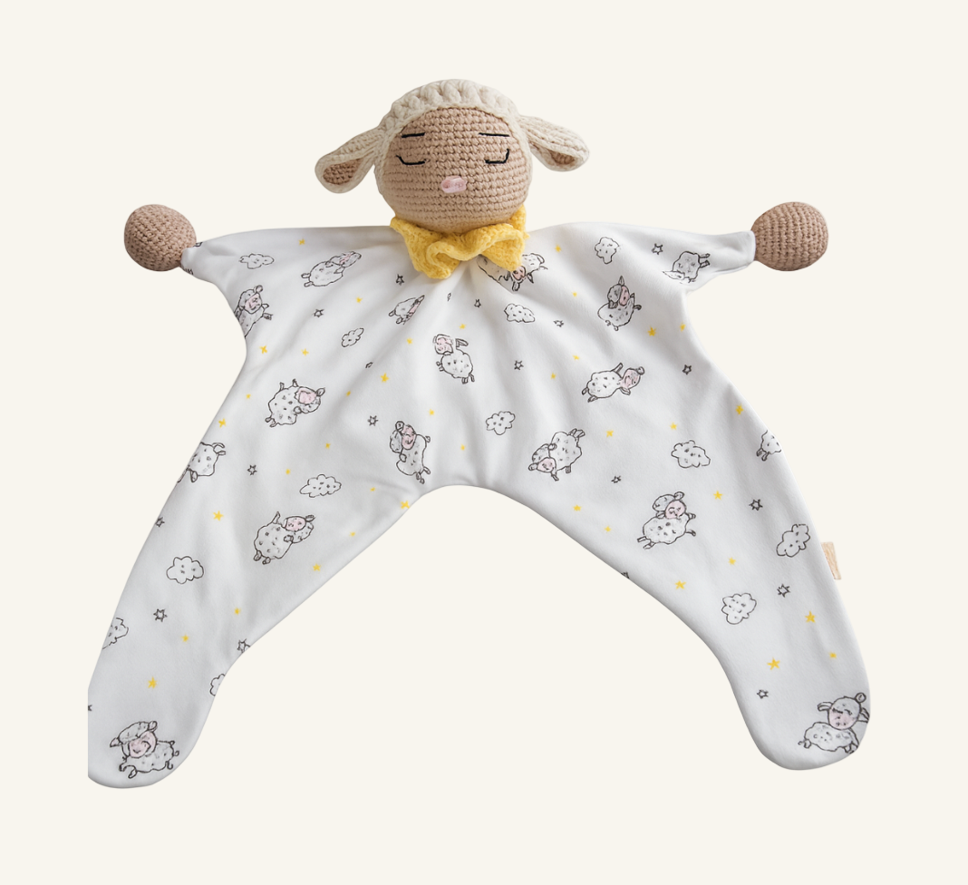 Baby comfort blanket with sheep pattern and knitted sheep head on a white background