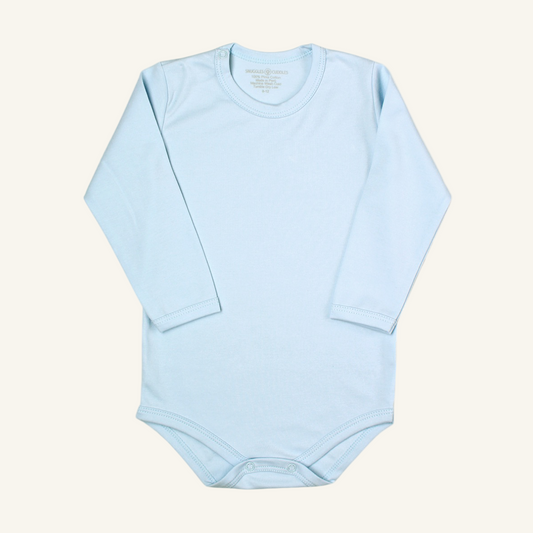 A long sleeve blue bodysuit for babies, made of a soft knit Pima cotton fabric.