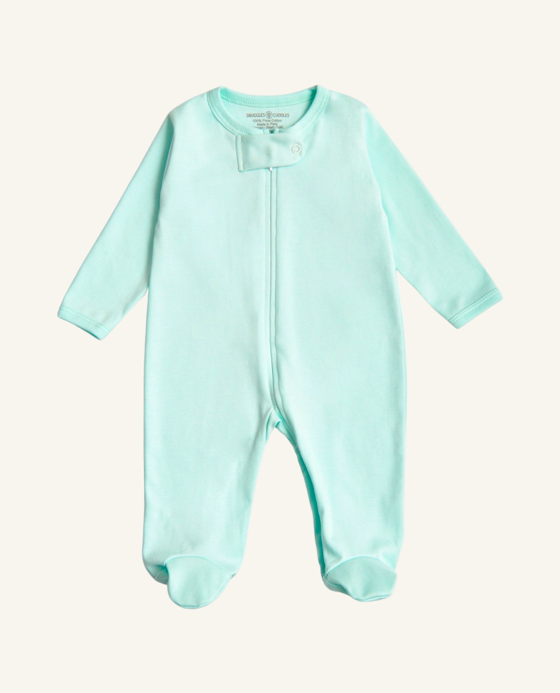 A mint green colored sleep n play baby onesie with a zipper, made from 100% pima cotton, displayed on a plain background.