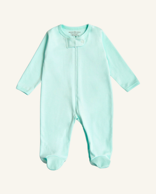 A mint green colored sleep n play baby onesie with a zipper, made from 100% pima cotton, displayed on a plain background.