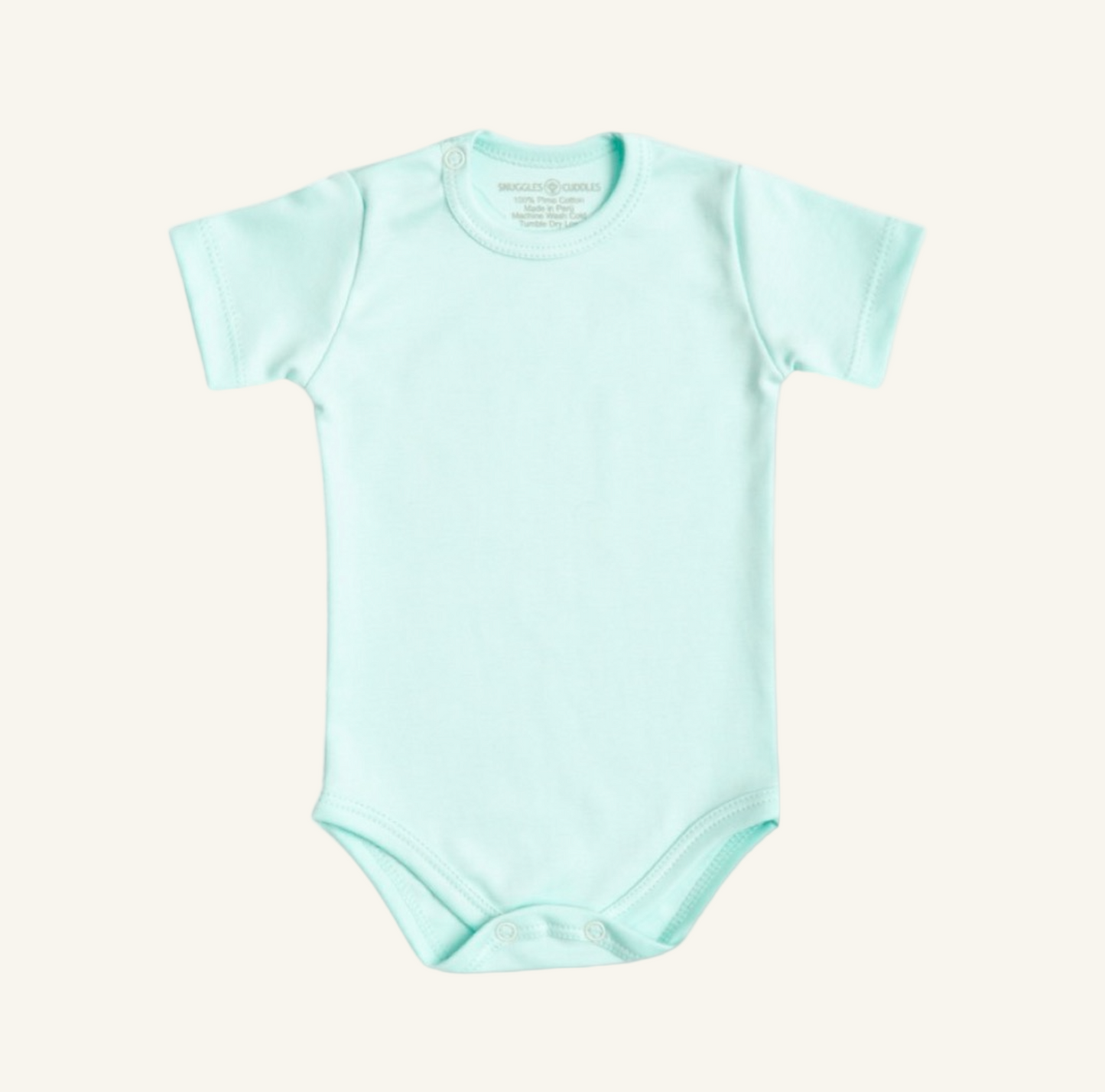 A short sleeve bodysuit in mint color for babies, made from pima cotton, displayed against a white background.