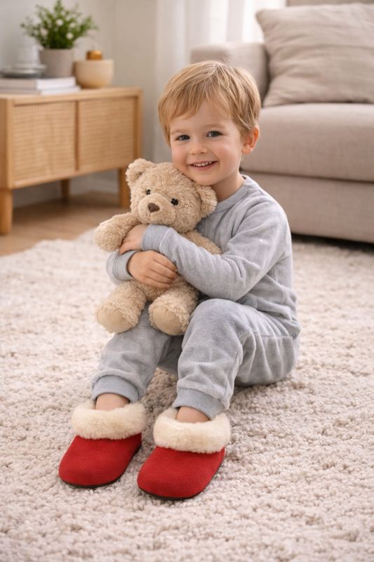 Alpaca Fur Baby and Kids Booties Slippers in Crimson Berry