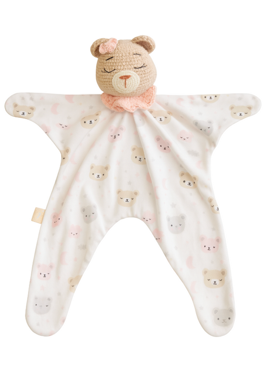 Baby comfort blanket with teddy bear design on a white background
