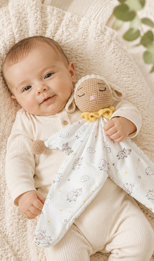 Handmade Lamb Lovey – Crocheted Comfort Blanket in Soft Cotton