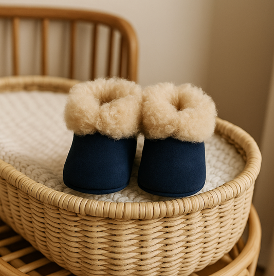 Alpaca Fur Baby and Kids Booties Slippers in Midnight Navy