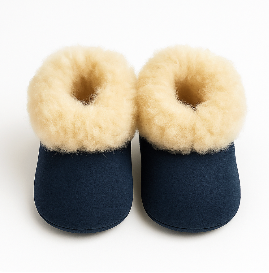 Alpaca Fur Baby and Kids Booties Slippers in Midnight Navy