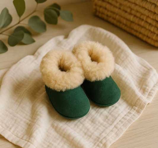 Alpaca Fur Baby and Kids Booties Slippers in Emerald Green