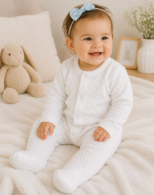 White Sleep and Play Snap-Up Footie in Jacquard Cotton