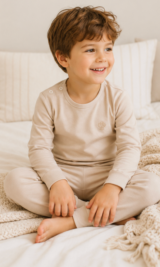Boy Beige Pajama Set in Pima Cotton