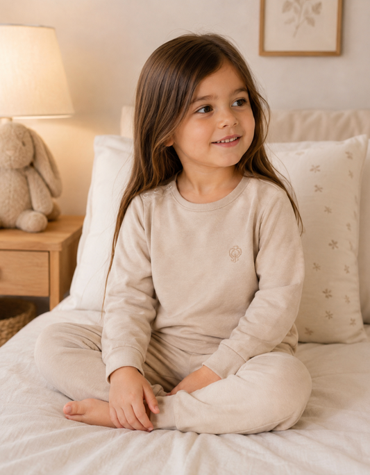 Girl Beige Pajama Set in Pima Cotton