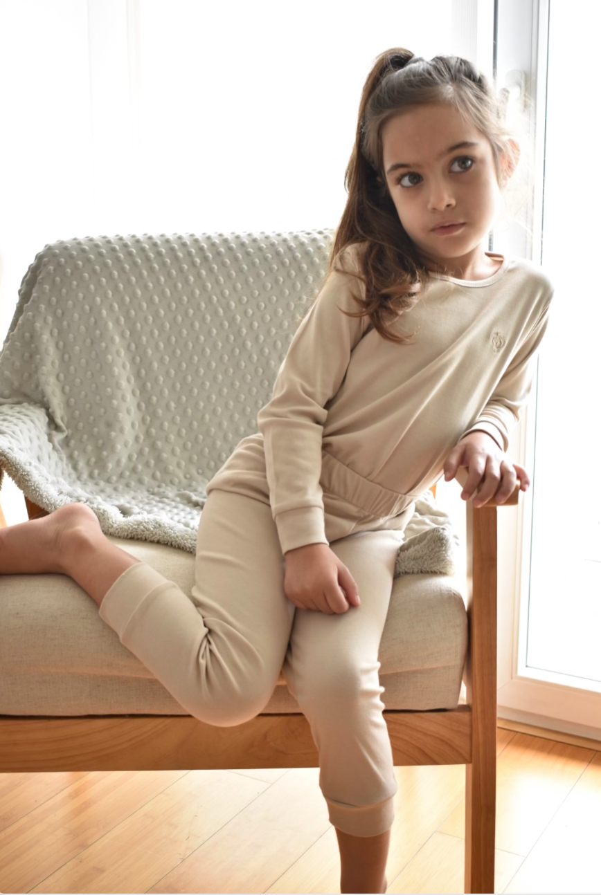 Girl Beige Pajama Set in Pima Cotton